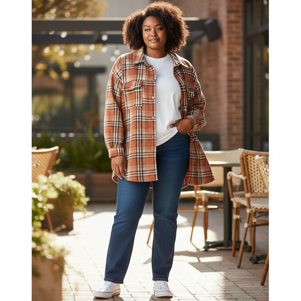 Ninexis Womens 1X Plaid Shacket Orange Black White Button Front Jacket CWOJA187